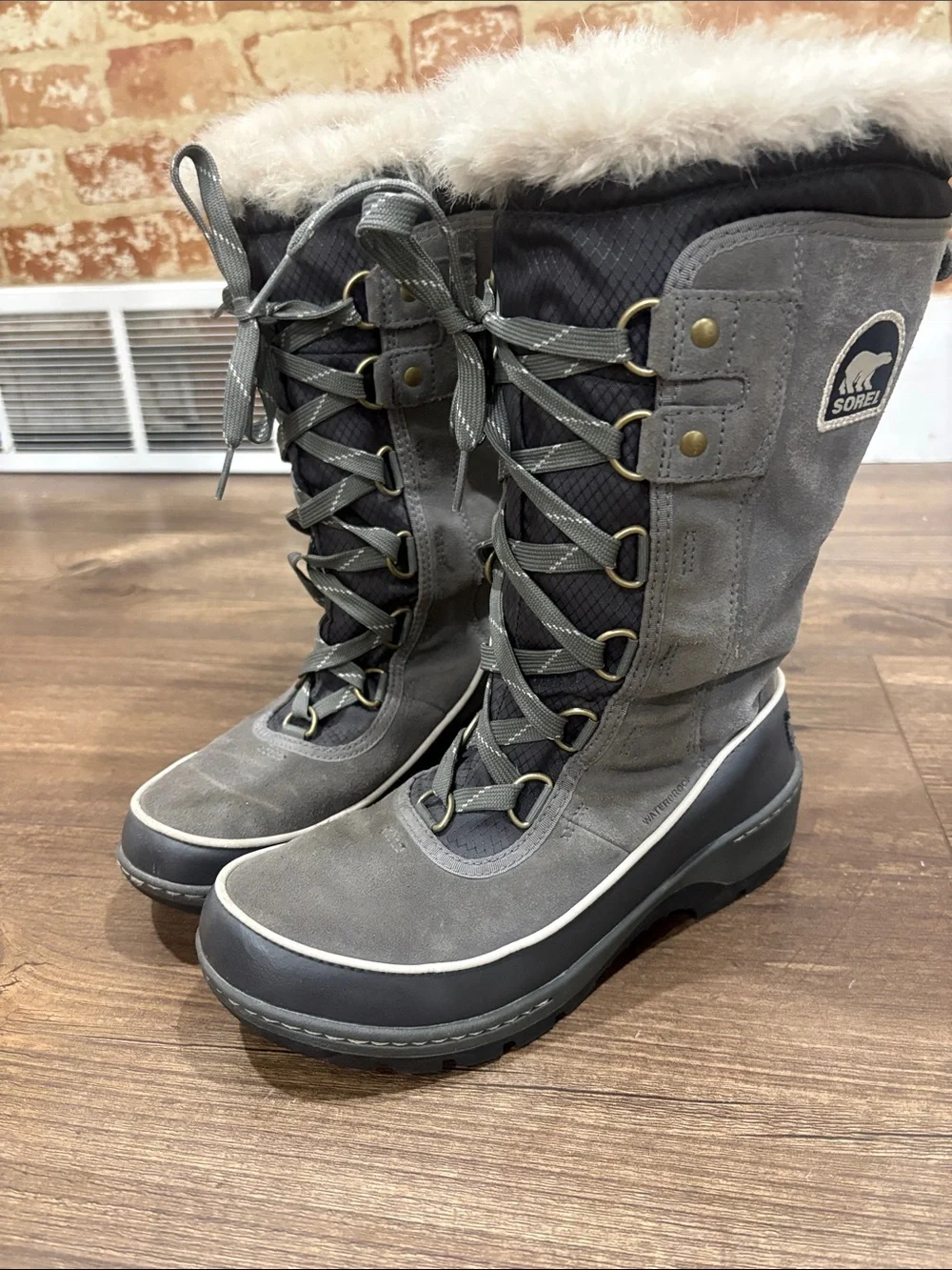 Sorel Grey Women's Tall Lace-Up Winter Boots with Faux Fur Collar